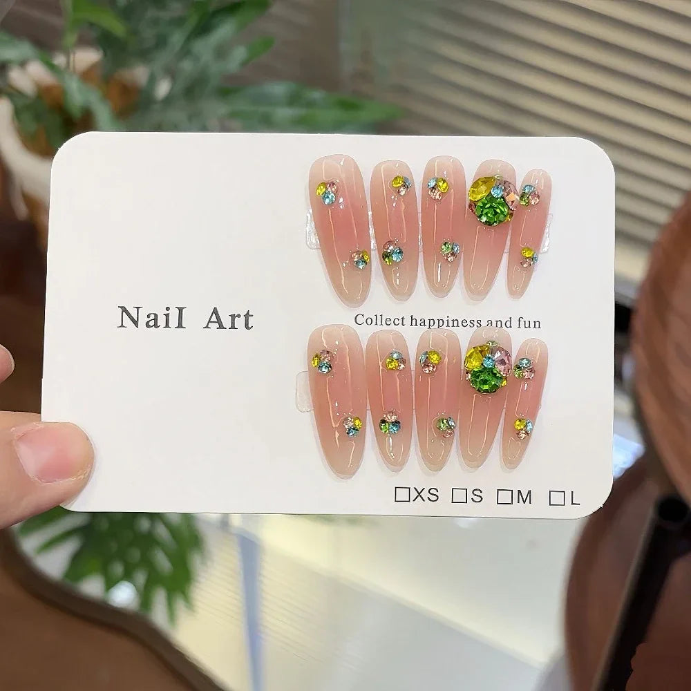 10Pcs Handmade Nude Color Press On Nails Sparkling Cat-Eye Cherry Star Marine Elements Sequins Cute Girlish Nail Suitable