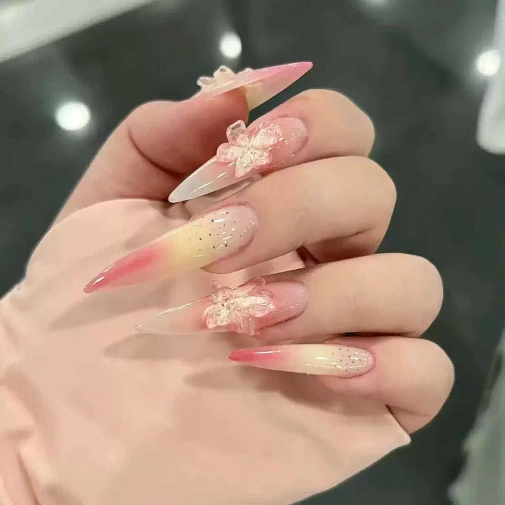 10Pcs Gentle Handwork Press On Nails French Style Flowers Butterfly Rhinestone Pearl Design Detachable False Nails Gift