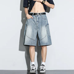 Baggy Denim Shorts Casual Straight Harajuku Jeans Male Vintage Wash Drawstring Short Pants Streetwear
