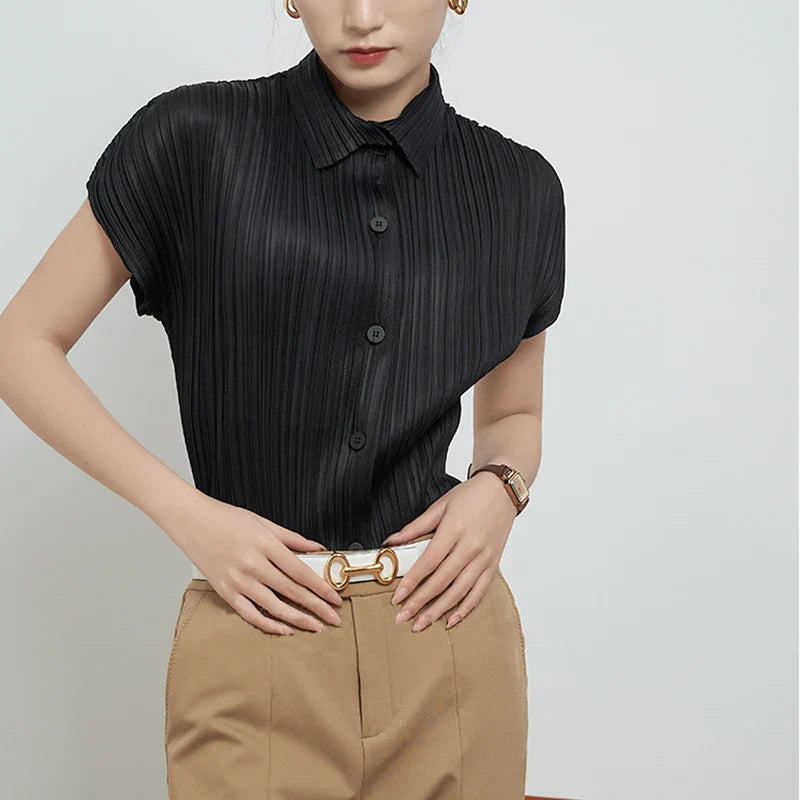 Miyake Pleated Cardigan Single Breasted Short Sleeve Polo Shirt Korean Causal Comfortable Clothing