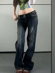 American High Street Large Size Butterfly Embroidered Jeans Y2K Millennium Harajuku Slim Flared Jeans