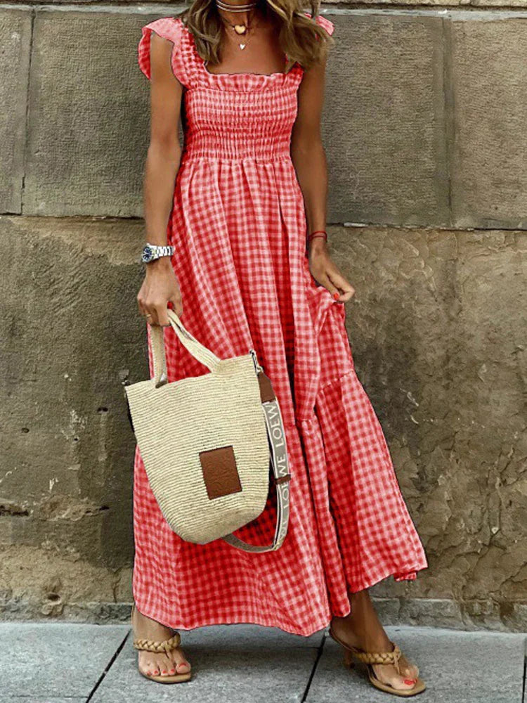 Elegant Plaid Slip Maxi Long Dress Strapless Ruffle Backless Pleated Elastic Waist Boho Party Swing Loose Dresses