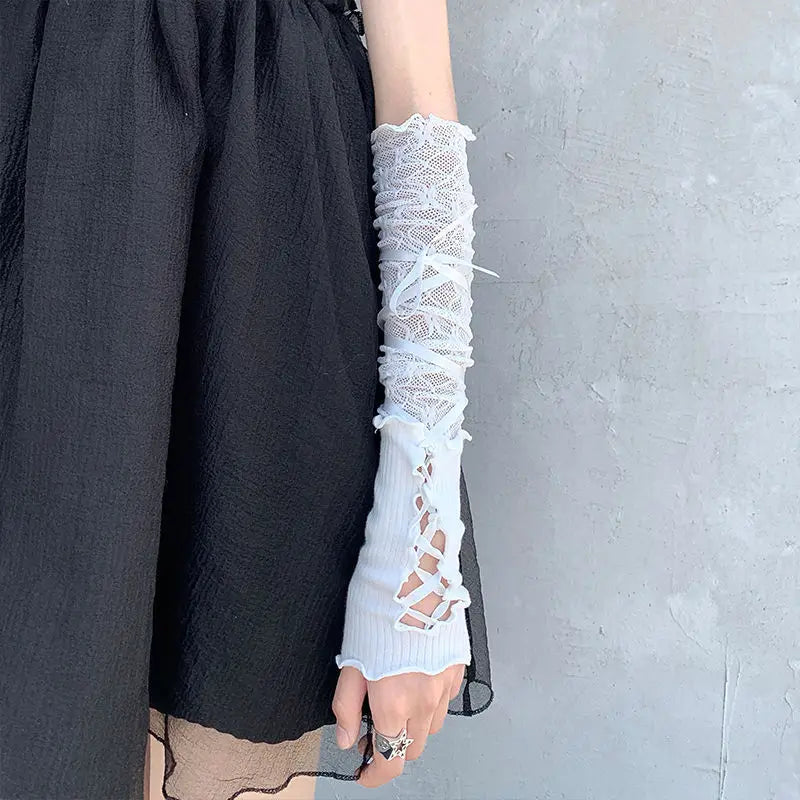 Lolita Gloves Ballet Style White Lace Sleeves Thin Sunscreen Spicy Y2K Girl Strap Gloves