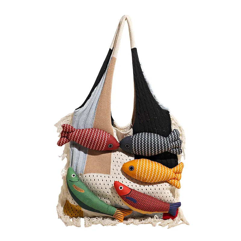 Cute Little Fish Relaxed Knitted Bag Commuter Versatile Shoulder Bag Contrasting Cut Out Tote Bag