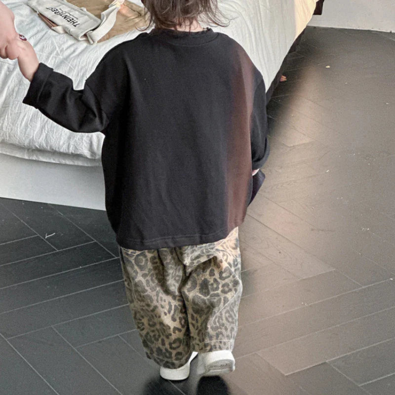 Hip Hop Casual Loose Children's Pants Children's Pure Cotton Leopard Pattern Jeans Trendy Casual Pants