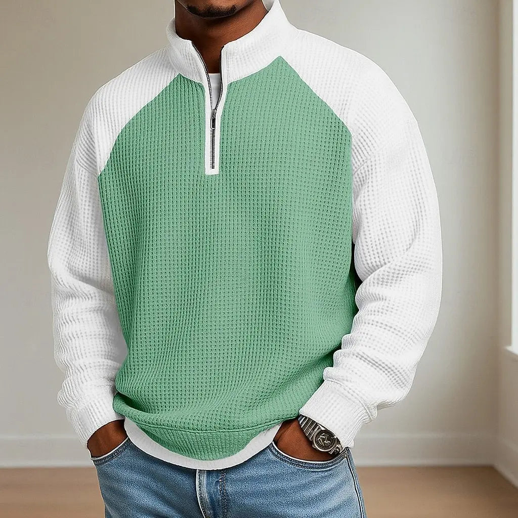 Casuals Sweatshirt Vintage Patchwork Waffle Plaid Textured Pullovers Stand Collar Zipper Jumper