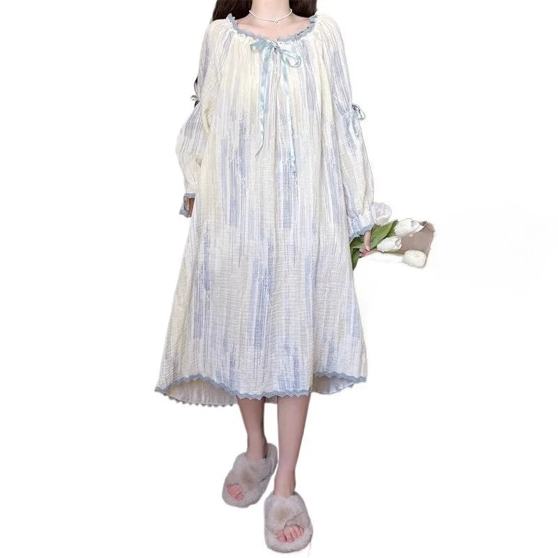 Pajamas Dress Princess Style Sweet Long Sleeve Nightdress Round Neck Wide Striped Bow Cute Girly Midi Dress Night Wear