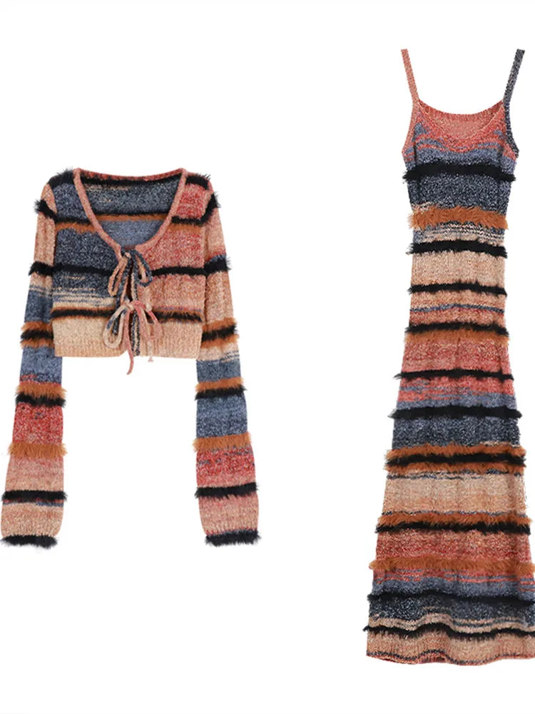 Korean style Streetwear Long-sleeved Cardigan Striped Knit Sling Dress Two-piece Suit