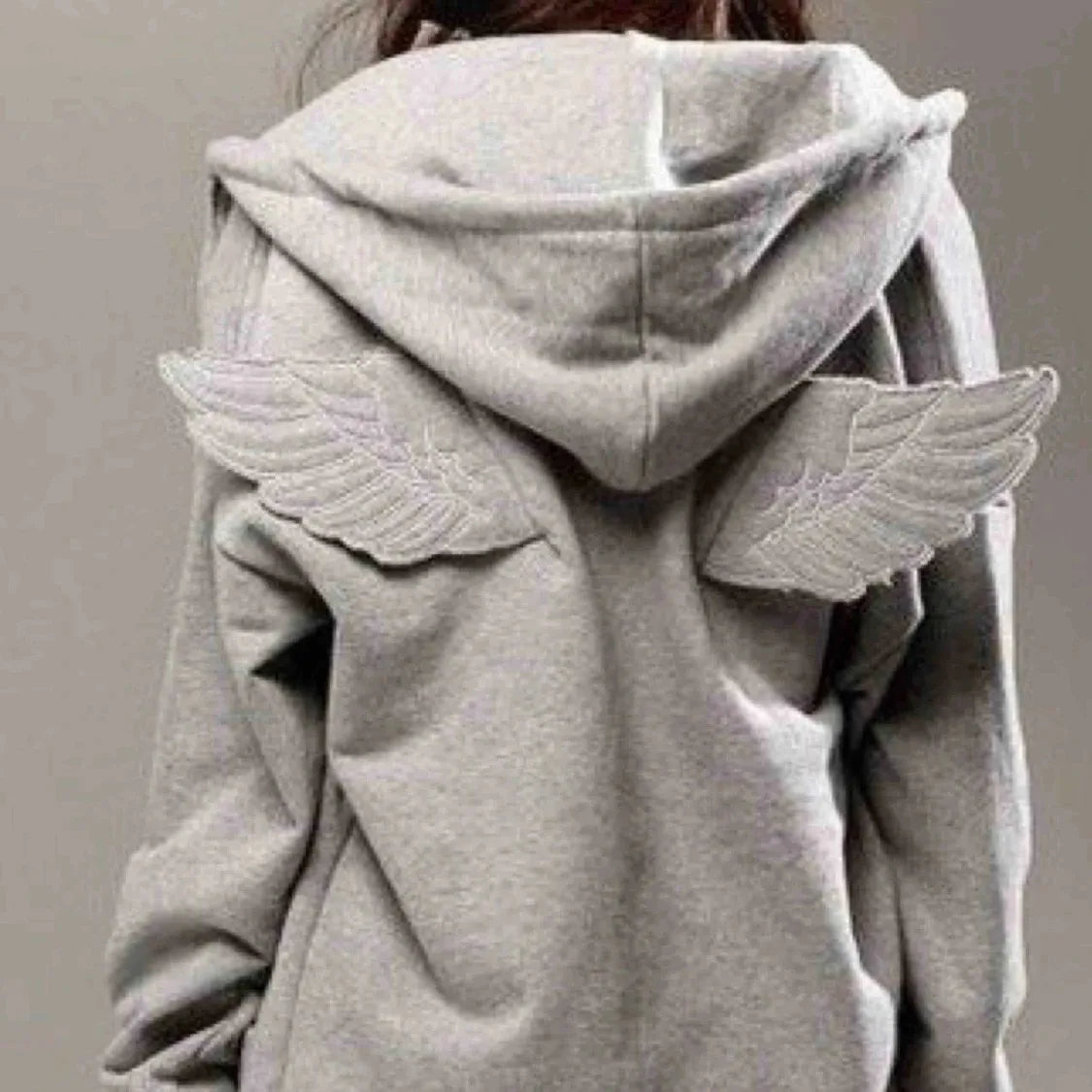 Grey Angel Wing Embroidered Hoodie Cute Kawaii Pullover Sweatshirt Wing Decoration Back Y2K Street Harajuku Loose Pullover