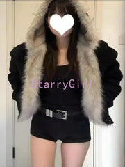 Elegant Liner Fur Loose Coat Y2k Fur Collar Hood Thick Parkas Casual Outerwear Cotton Padded Jackets