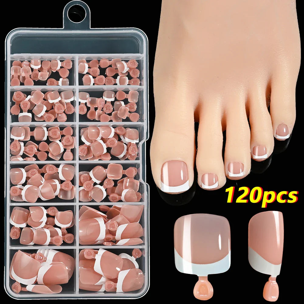 120Pcs Pink French Short Square Fake Nails 12-Sizes Full Cover Press On Nails Wearable Detachable Finished False Fingertips *TD