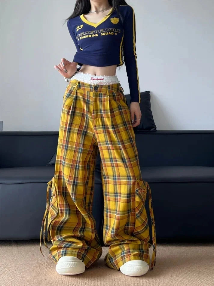 American Style Streetwear Large Pocket Red Plaid Work Casual Pants Loose-Fit Wide-Leg Drag Pants
