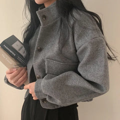Loose Woolen Coat Large Size with Pockets Small Stand Collar Long Sleeve Button Hong Style Clothing