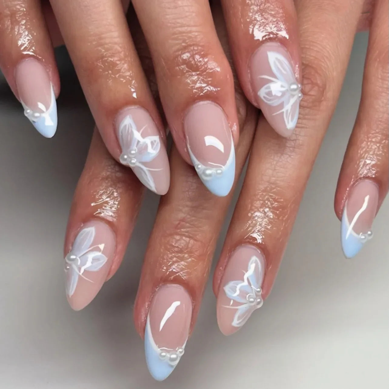 Pink Yellow Halo Dyeing Flower Water Ripple False Nails Leopard Long Pointed Fake Nails Art Press on Nails Charm Manicure