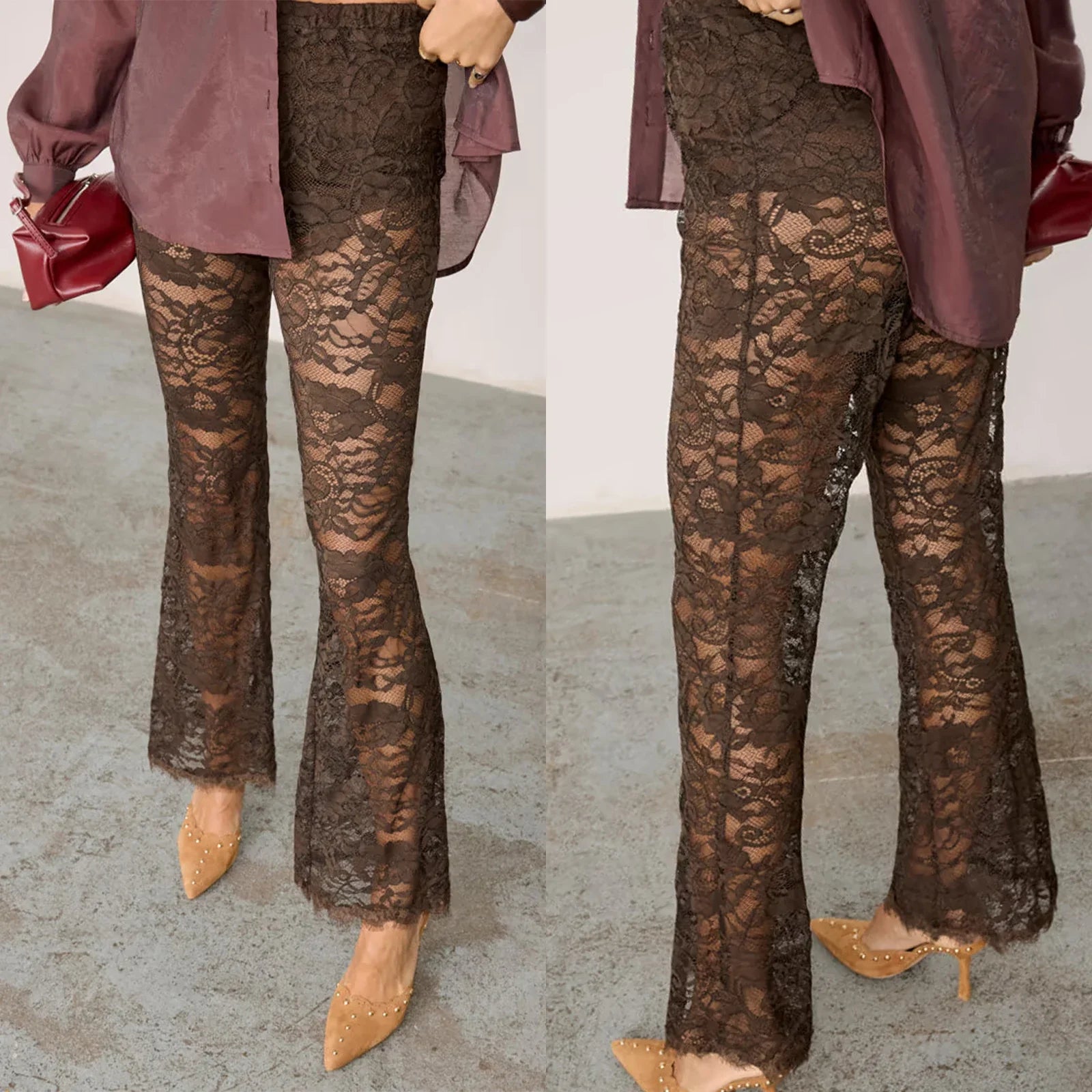 Stylish See-Through Lace Flare Pants High Rise Elastic Waist Bell-Bottoms Streetwear Long Trousers