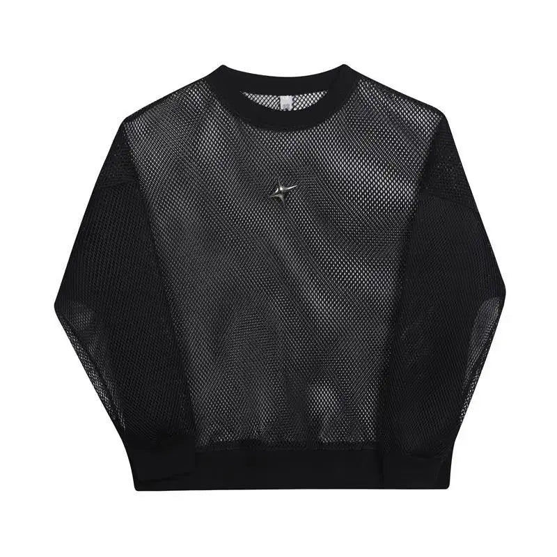 Korean Clothes Hollow Out Ice Silk Fabric Wear Sheer Out Streetwear Round Neck Long Sleeve T-shirt