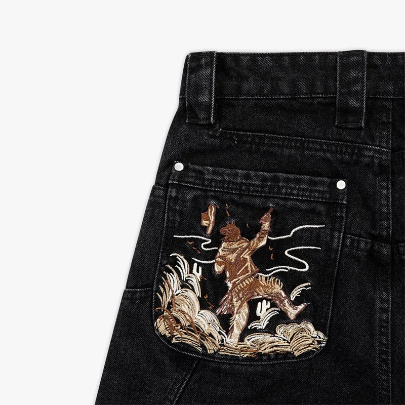 Western Pistol Pendant Pocket Embroidery Loose Wide Leg Jeans Y2K Trend Comfortable Streetwear