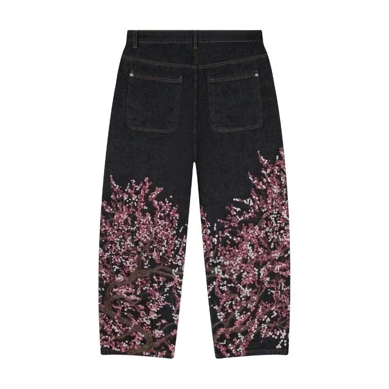 Harajuku Flower Embroidery Baggy washed jeans Y2K Vintage 2000s streetwear American Gothic Pants wide leg pants