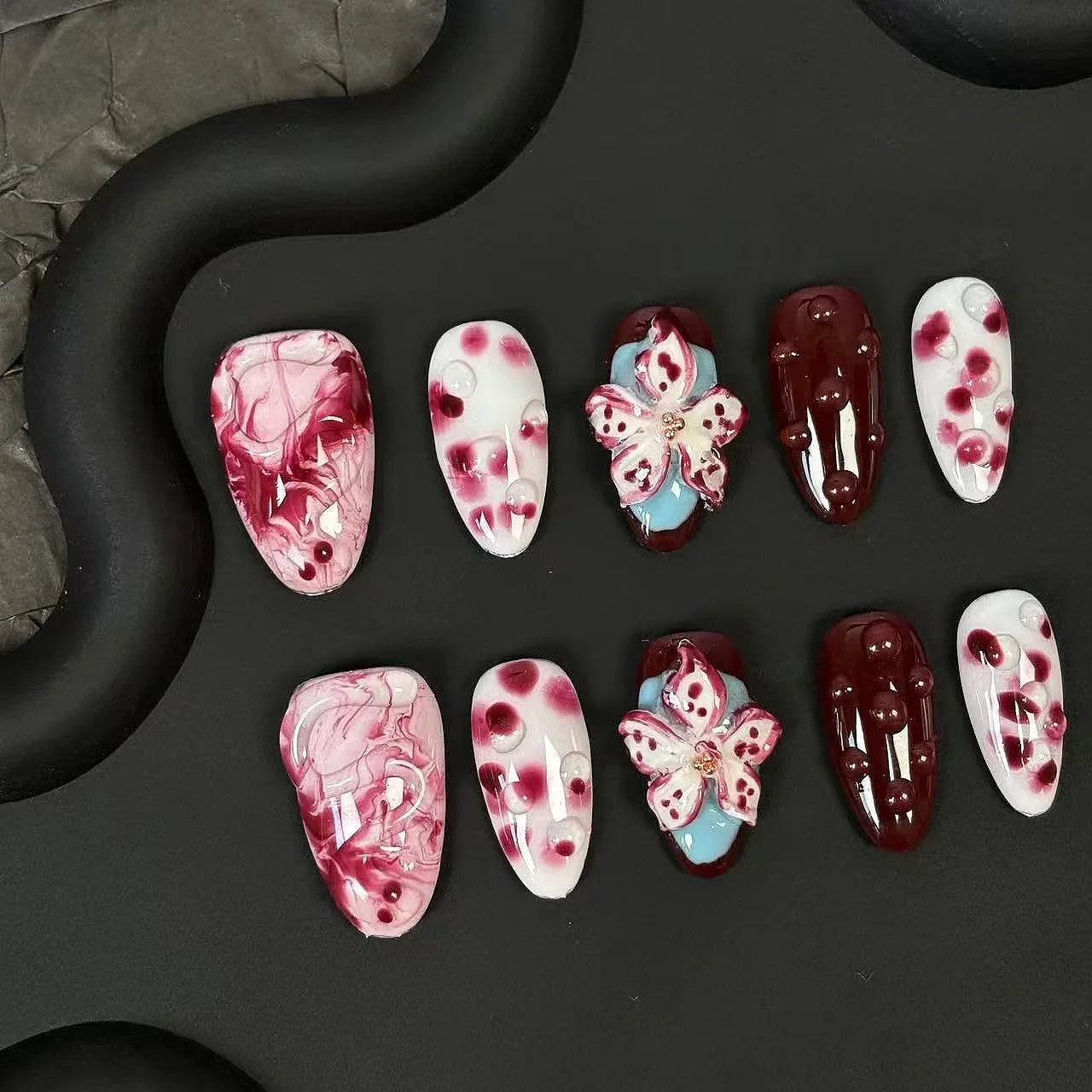 10Pcs Red Handmade Nails 3D Carved White Flower Fake Nails Mid-Length Almond Shape Press on Nails Spotting Design Manicure Arts