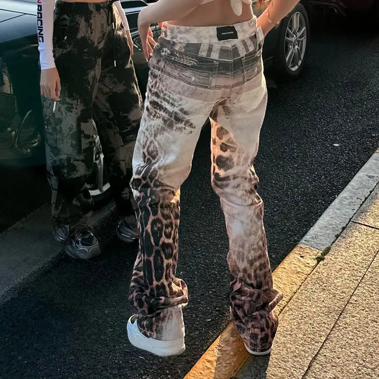 American Retro Leopard Print Gradient Wash Jeans Y2K Street Hip Hop Old Trousers Casual High Waist Straight Denim Pants
