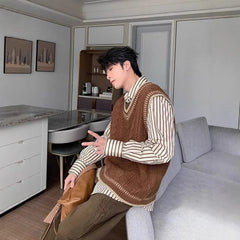 Arrival Preppy Style Cable Knit Vest Sweater Casual V-neck Top Korean Version Loose-fit Top