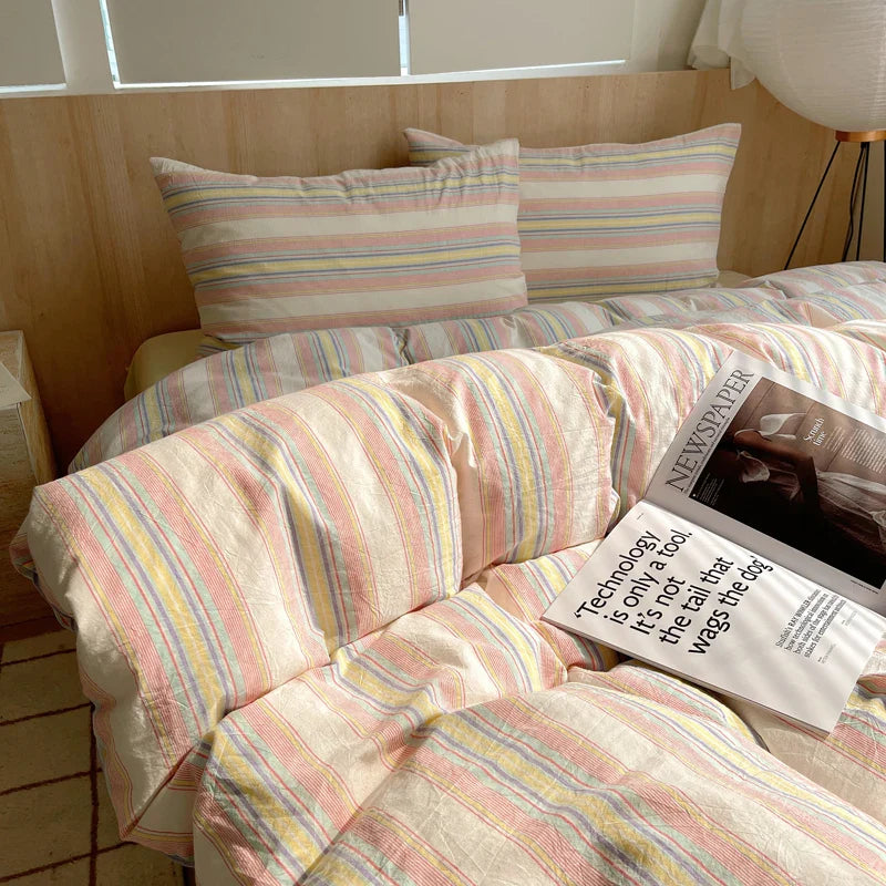 1pc Korean Cotton Pink Stripes Duvet Cover 150x200 Size Girl's Room housse de couette Skin friendly Breathable Comforter Sets