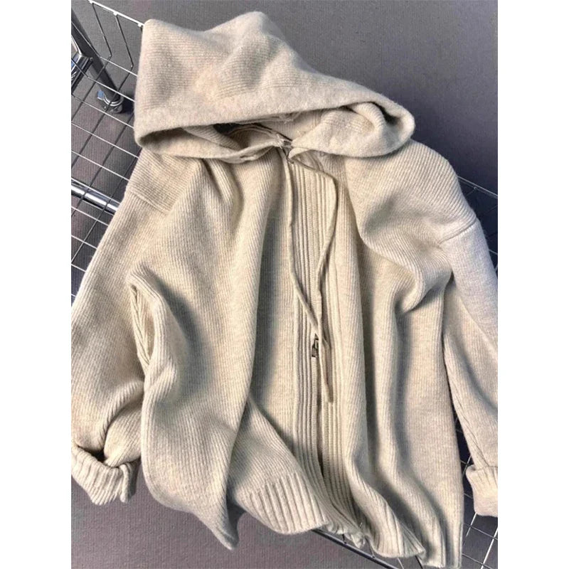 Hooded Knitted Cardigan Korean Zipper Sweater Outerwear Long Sleeve Knitwear Streetwear Casual Jumpers New