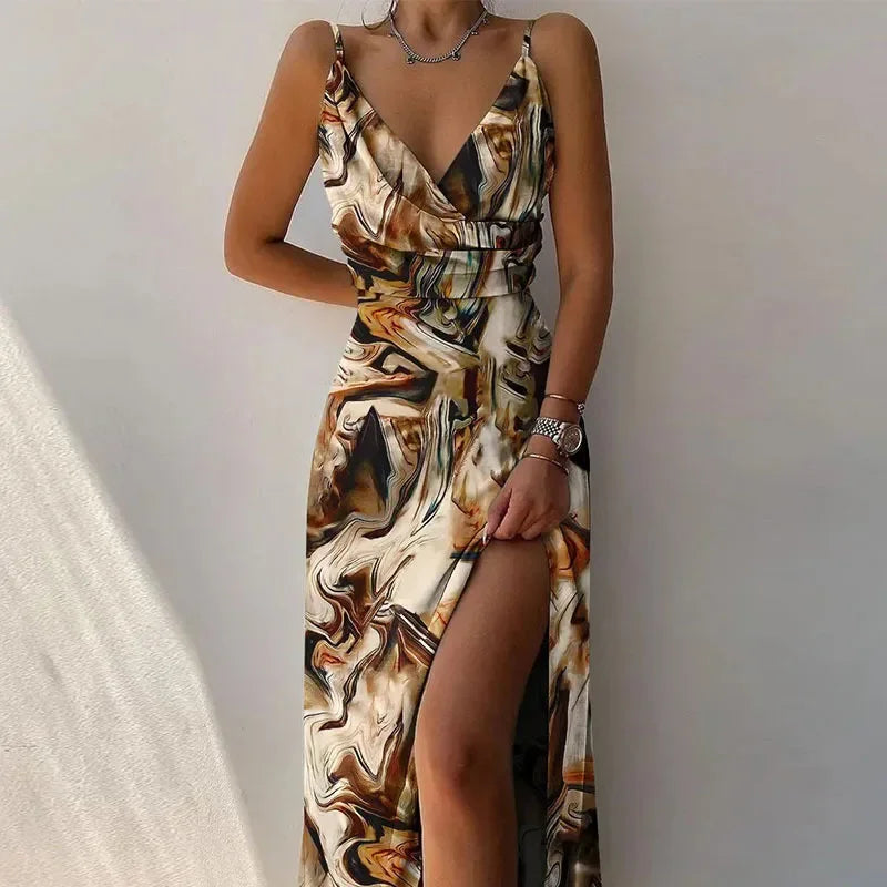 Print Dress Camisole V Neck Sleeveless A Line Long Dresses Spaghetti Strap Evening Skirt Prom Vestidos