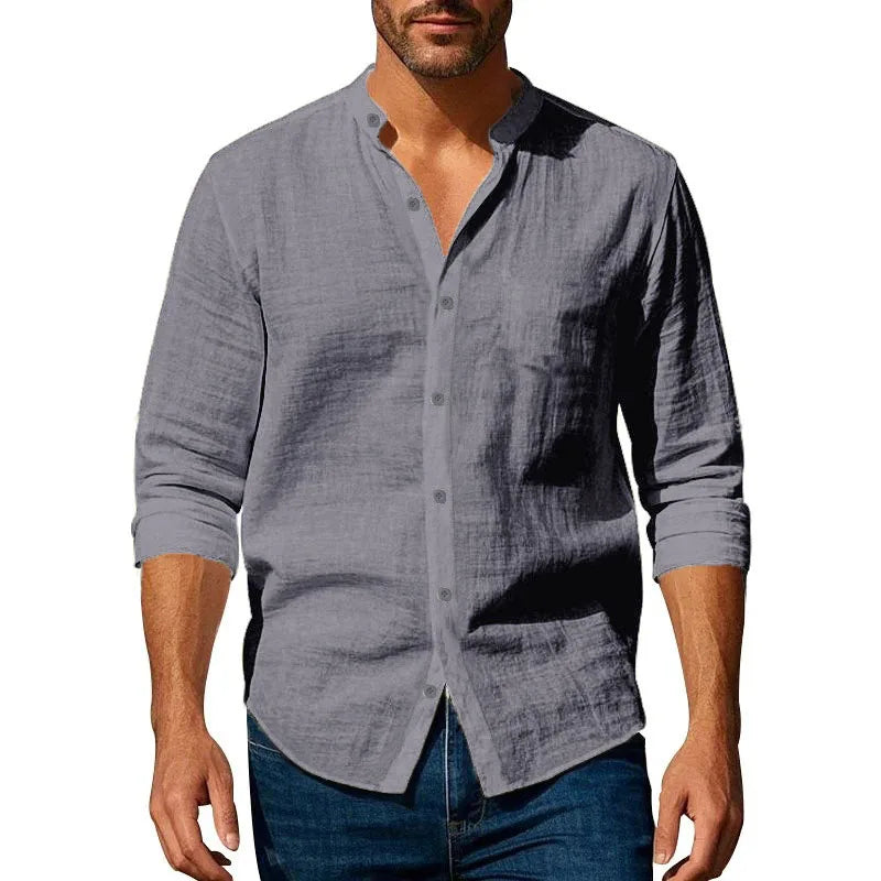 Chemise en coton et lin pour hommes, col Henley, couleur unie, légère, respirante, coupe cintrée, simple boutonnage, manches longues, boutonnée