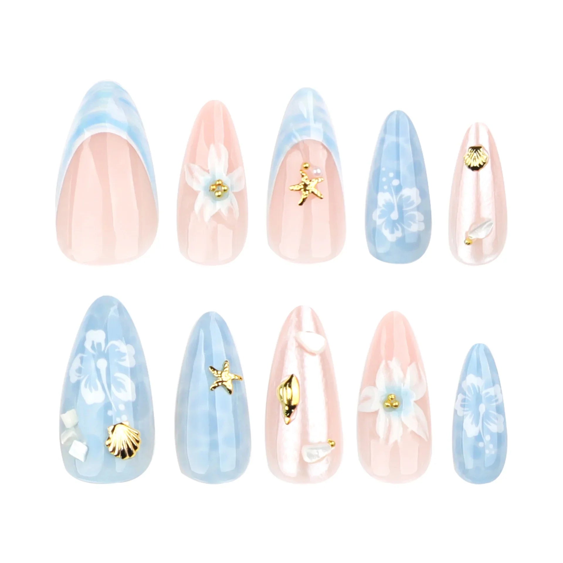 24pcs Light Blue False Nails Beach Style Seashell Starfish Flower Pattern Press On Nails Smudging French Almond Fake Nail