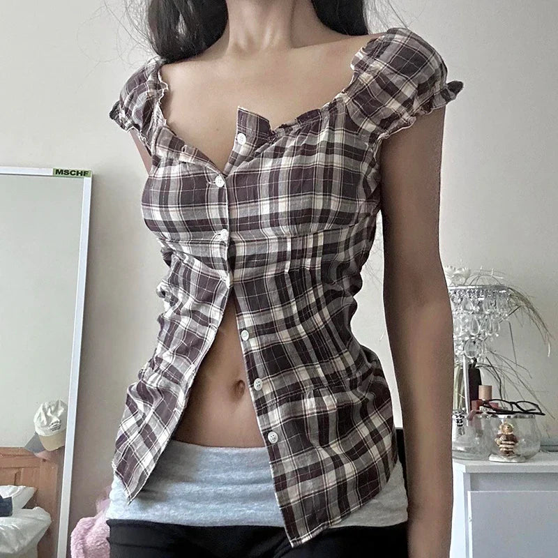 Rockmoer Tartan Plaid Sweet Slim Blouse