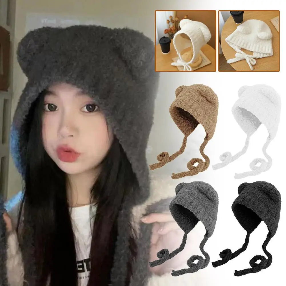 Plush Beanies Cute Bear Ear Wool Hat Warm Lace-up Gorros Knitting Cap Bonnets Protection Bomber Korea Ear Knit X4L2