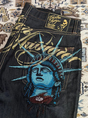 Harajuku Y2k 2000s Clothing Vintage Statue of liberty Diamonds Jeans Casual Denim Pants High Waist Straight Wide Leg Jeans