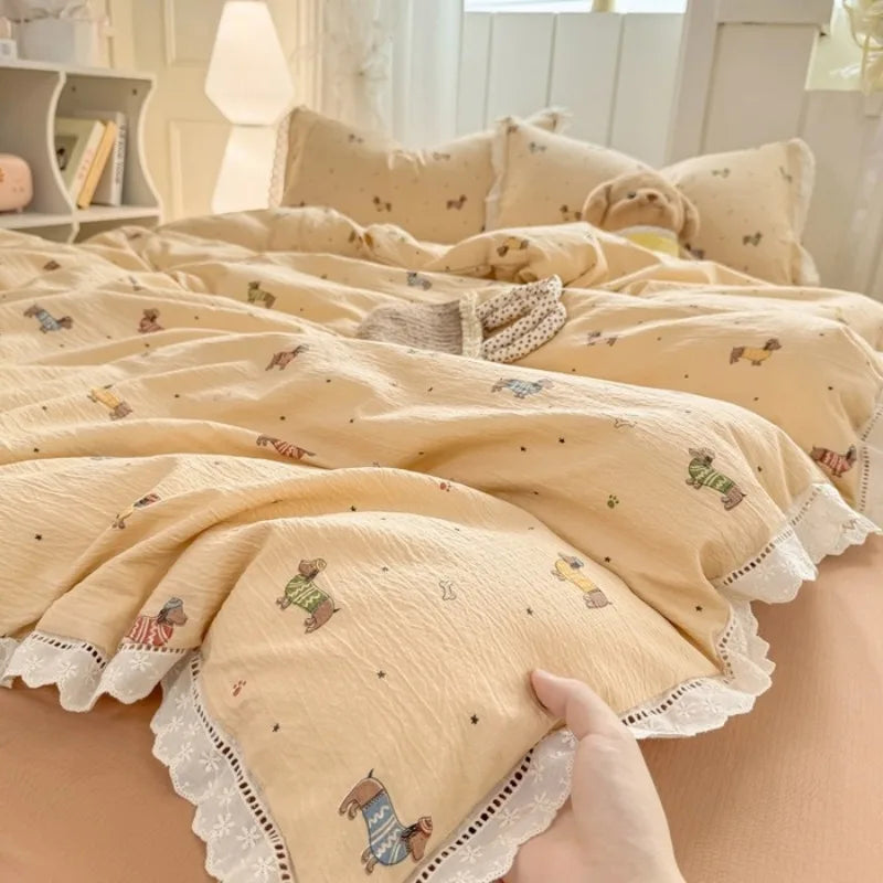 hollow lace wrinkled cotton four-piece set household student dormitory three-piece set bed sheet quilt cover