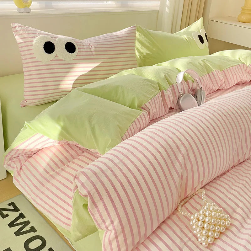 Small Fresh Cream Style Striped Simple Embroidery Big Eyes Four-piece Bed Sheet Quilt Cover Bed Sheet Dormitory Three-piece Set