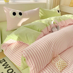Small Fresh Cream Style Striped Simple Embroidery Big Eyes Four-piece Bed Sheet Quilt Cover Bed Sheet Dormitory Three-piece Set