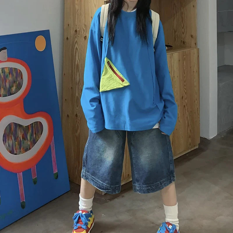 Y2K Vintage Baggy Jean Shorts Washed Wide Leg Capri Pants Casual Barrel Denim Shorts