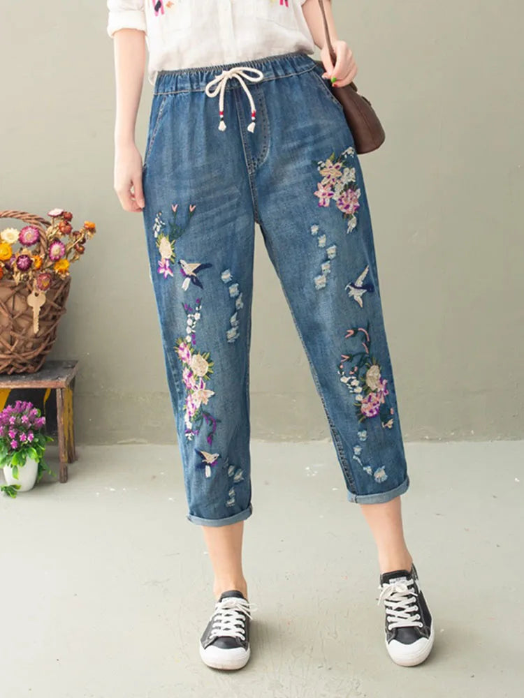 AmaxluluE Vintage Floral Loose Denim Pants Chinese Style Casual Ripped Blue Jeans Holes Elastic Harem Trousers