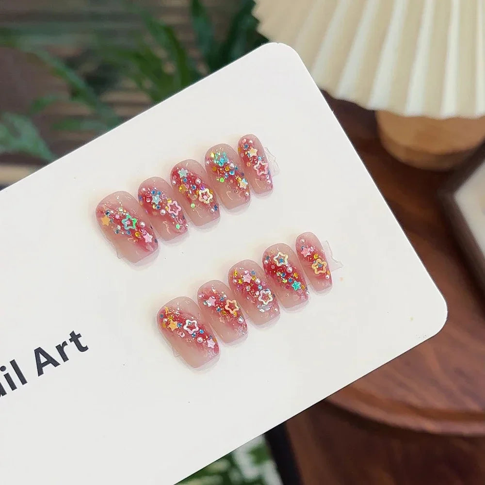 10Pcs Handmade Nude Color Press On Nails Sparkling Cat-Eye Cherry Star Marine Elements Sequins Cute Girlish Nail Suitable