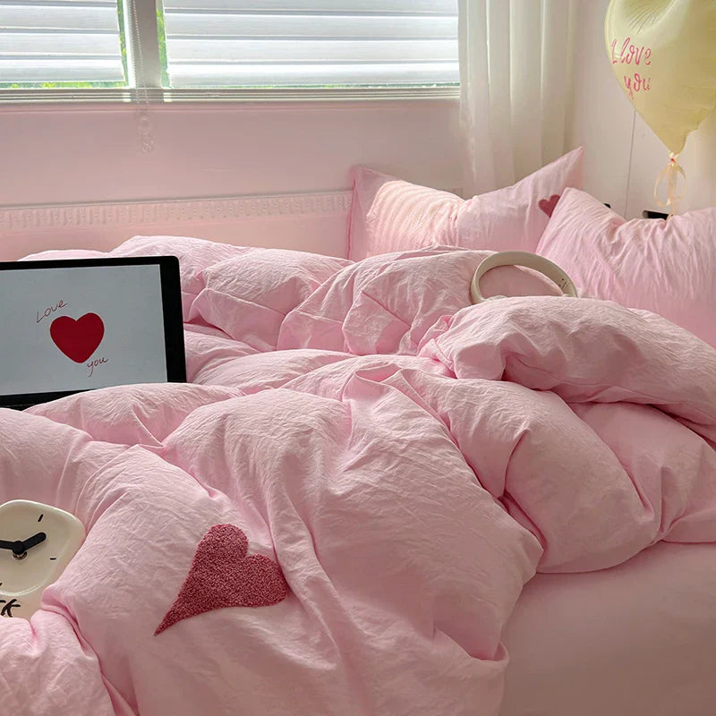 Korean Solid Color Bedding Set Adults Kids Twin Full Queen Size Soft Bed Flat Sheet Duvet Cover Set Pillowcases Simple Bed Linen