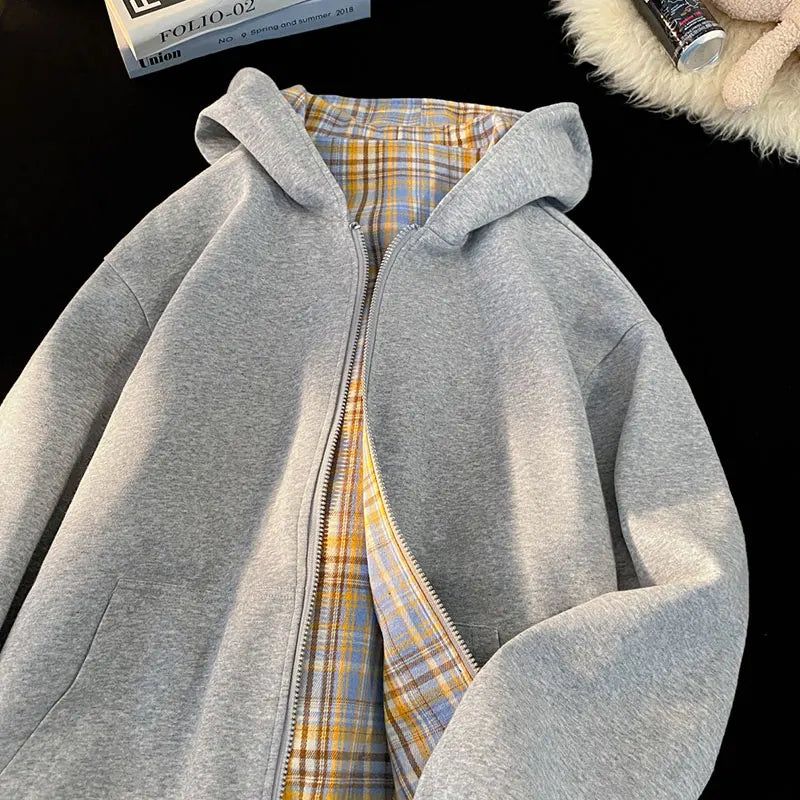 Reversible Sweatshirt Hooded Cardigan Tide Couple Model Hooded Sweatshirt Plaid Jacket Unisex Hoodies