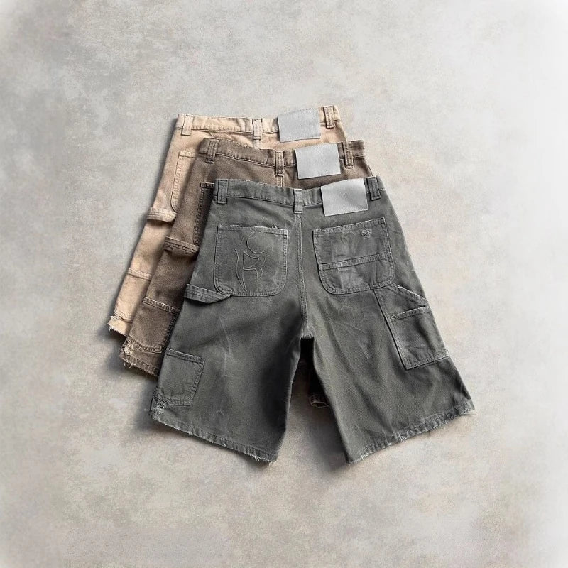 Deeptown Y2k Vintage Washed Short Cargo Jeans Harajuku Hole American Style Wide Leg Man Jorts Baggy Hip Hop Streetwear