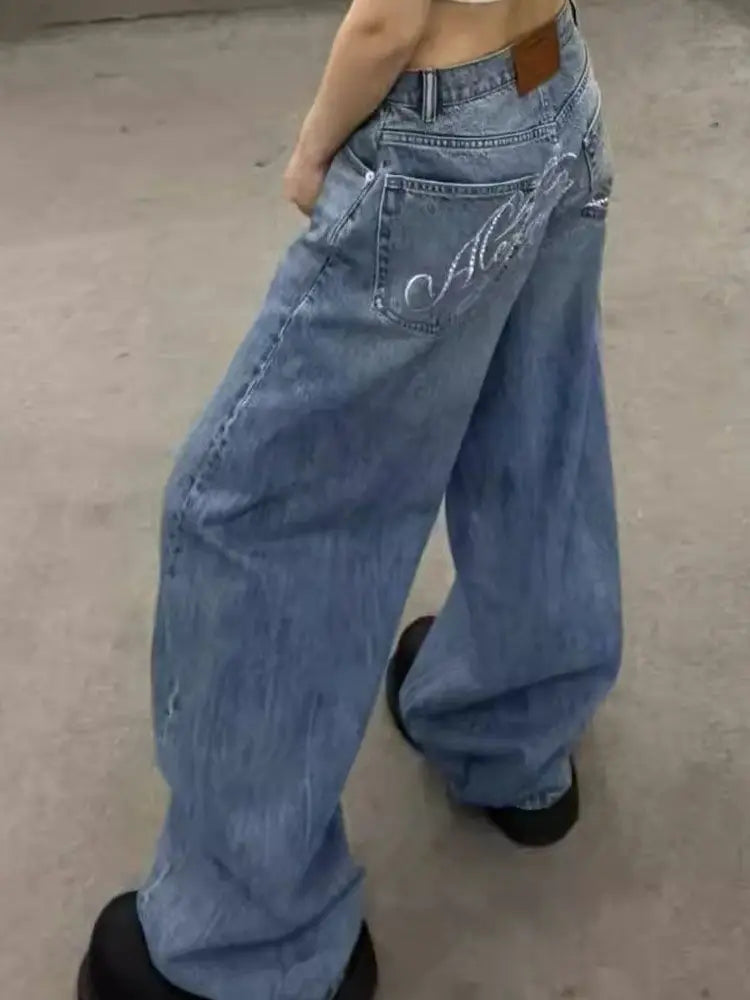 Gradient Casual Blue Jeans Y2K Vintage High Waisted Jeans Straight Streetwear Loose Large Wide Leg Denim Pants
