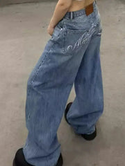 Gradient Casual Blue Jeans Y2K Vintage High Waisted Jeans Straight Streetwear Loose Large Wide Leg Denim Pants