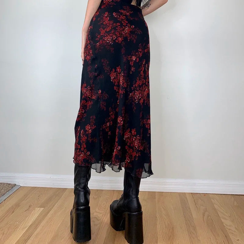 Combhasaki Y2K Retro Vintage Floral Printed High Waist Ruffled Elegant Elastic Waist Long Skirts Street Style Bottoms