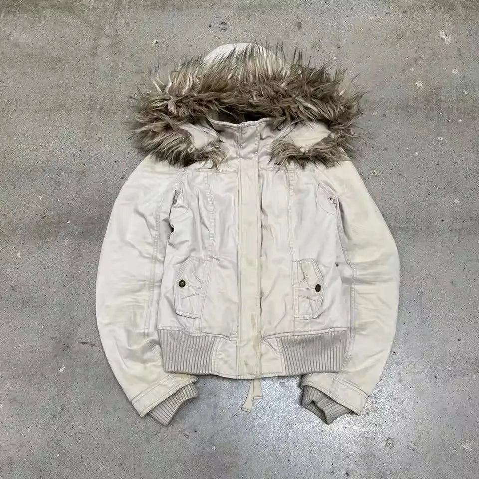 Y2K Hooded Jacket Short Bomber Coat Faux Fur Collar Warm Casual Streetwear Zipper Outerwear Ladies Clothes