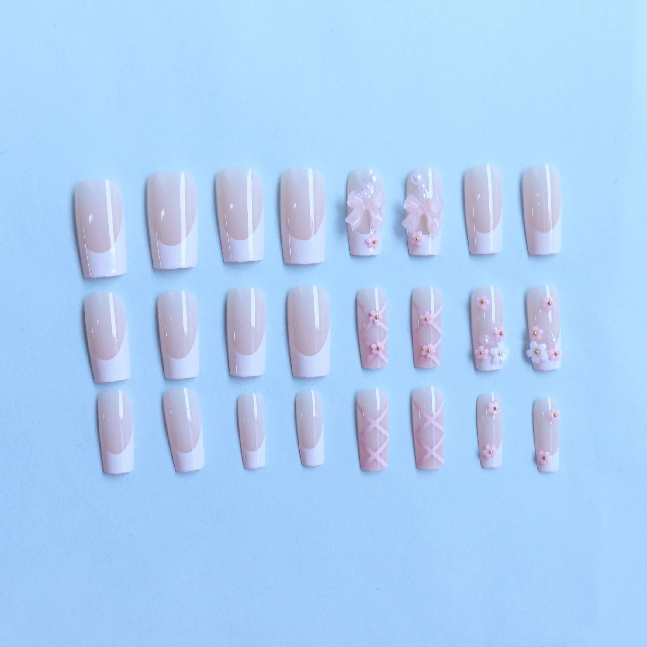 24pcs Ballet Fake Nails Pink White Bow Design French White Edge Flash Diamond High Saturation Full Coverage Fake Nai