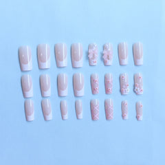 24pcs Ballet Fake Nails Pink White Bow Design French White Edge Flash Diamond High Saturation Full Coverage Fake Nai