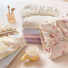 Washed Cotton Fitted Sheet with Elastic Bands Non Slip Adjustable Mattress Cover Printed Pure Cotton