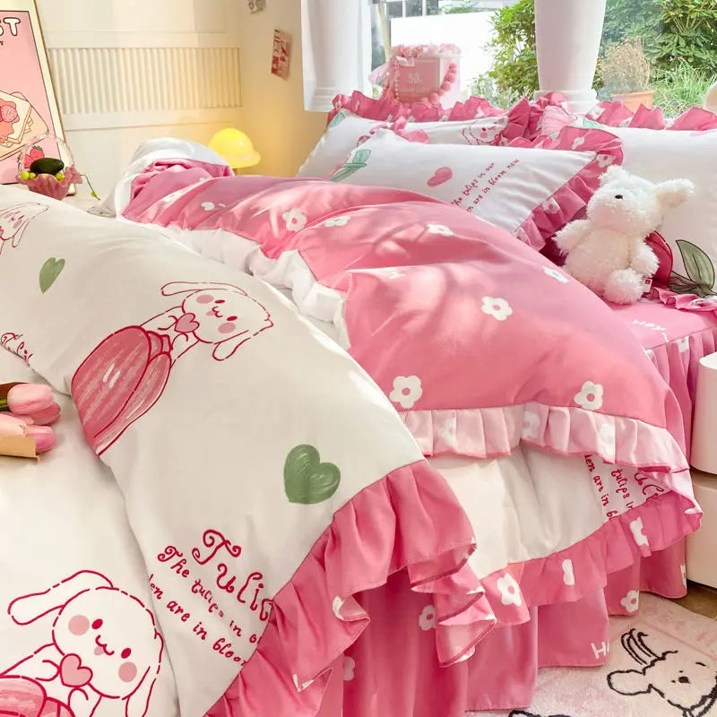 Cartoon Washed Cotton Bed Sheet Four-piece Set Non-cotton Thickened Brushed Quilt Cover Bed Skirt Style Princess Style Bedroom